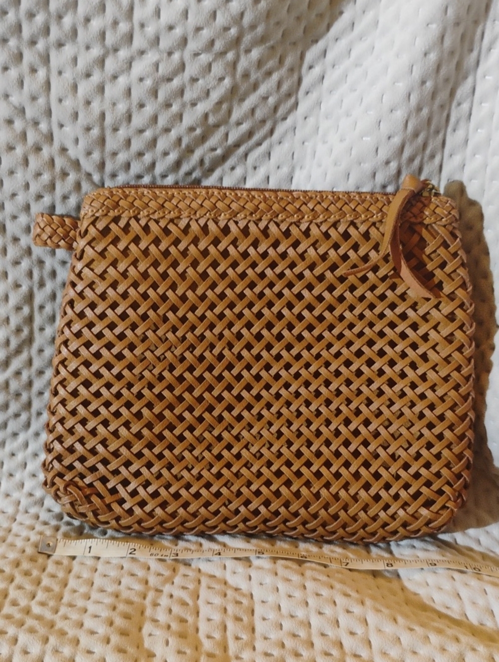 Woven Tan Leather Zip Pouch - Women Bags